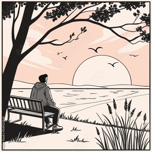 Photo of a black and white picture of a person facing the sunset from a bench.

