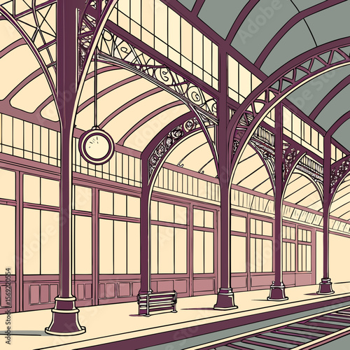 The rendering depicts a futuristic train station with volumetric lighting in an Art Nouveau style.
