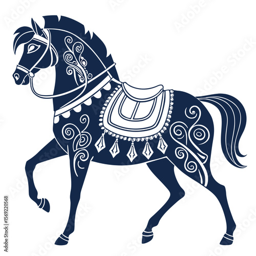 a blue horse with a saddle
