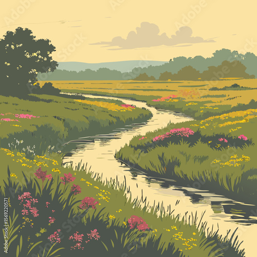 Wallpaper Mural An Impressionist illustration depicts a river winding through a meadow featuring a thick black outline.
 Torontodigital.ca