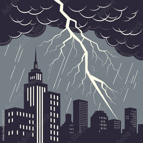 With dark tones and backlit resolution, this oil painting depicts a thunderstorm over a cityscape.
