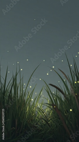 Enchanted Night Scene with Fireflies and Tall Grass in Twilight Glow
