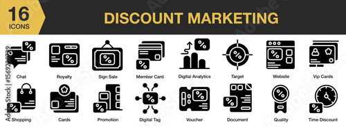 Discount Marketing solid icon set. Includes deal, coupon, voucher, campaign, and More. Solid icons vector collection.