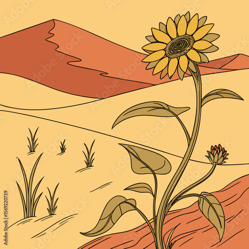 An abstract painting of a sunflower amidst a desert with vivid hues and a low resolution