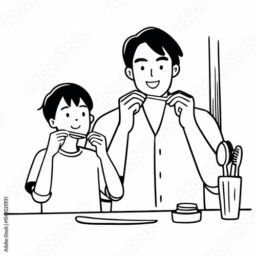 Father and son cleaning teeth with dental floss