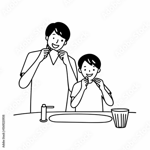 Father and son cleaning teeth with dental floss