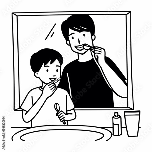 Father and son cleaning teeth with dental floss
