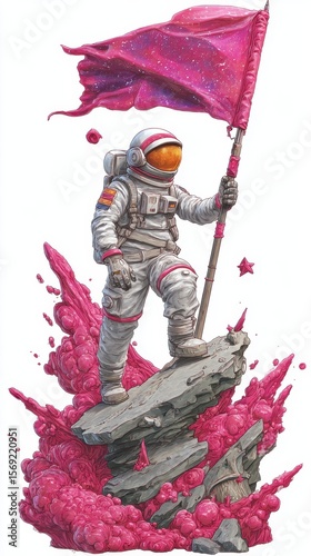 Astronaut Holding Pink Flag on Rocky Surface in Cosmic Environment
