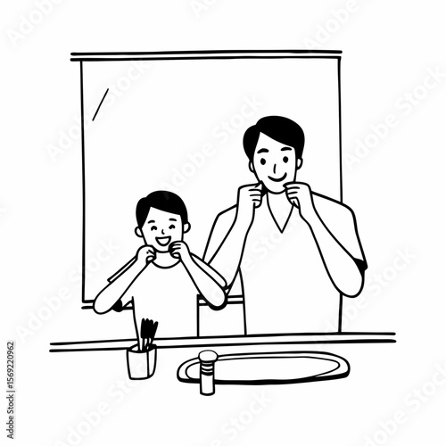 Father and son cleaning teeth with dental floss