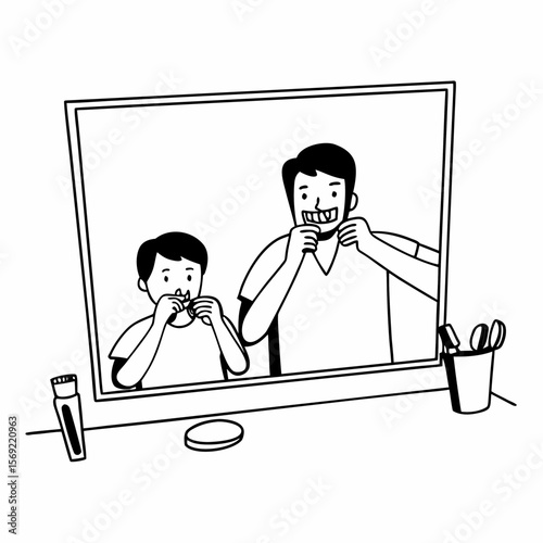 Father and son cleaning teeth with dental floss