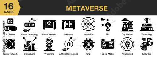 Metaverse solid icon set. Includes cyber, innovation, science, game, blue, reality, and More. Solid icons vector collection.