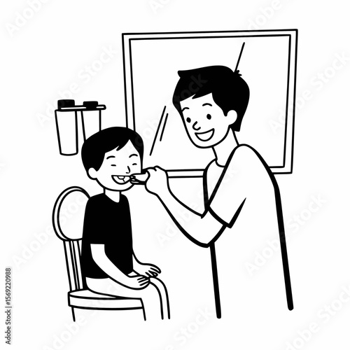 Father and son cleaning teeth with dental floss