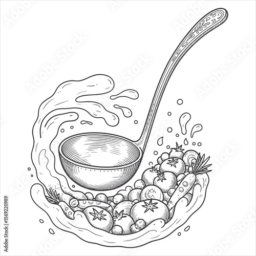 Sketch of a ladle scooping fresh vegetables and splashing water