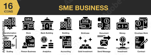 Sme Business solid icon set. Includes small, owner, marketing, seller, retail, and More. Solid icons vector collection.