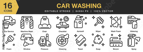 Car Washing icon set. Editable Stroke Icon Collection. Includes car, vehicle, automobile, auto, service, wash, and More. Outline icons vector collection.