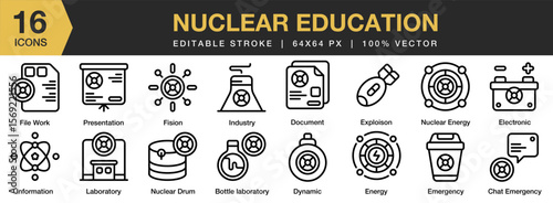 Nuclear Education icon set. Editable Stroke Icon Collection. Includes science, nuclear, technology, education, molecular,, and More. Outline icons vector collection.