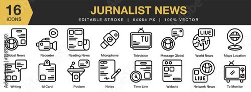 Journalist News icon set. Editable Stroke Icon Collection. Includes journalist, media, news, broadcast, interview, and More. Outline icons vector collection.