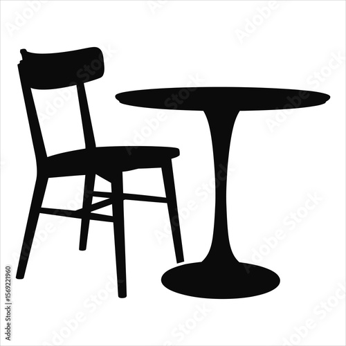 Simple black silhouette of a chair and a round table on a white background