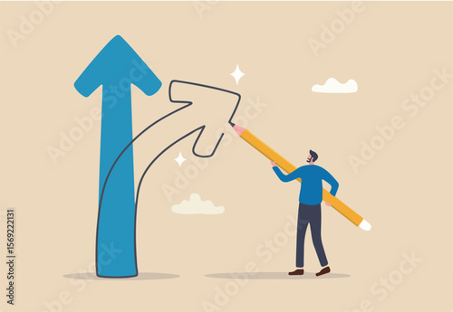 Change direction or career path for best opportunity, turn or transform to different direction, choice or alternative way to progress concept, businessman draw new arrow metaphor of change direction
