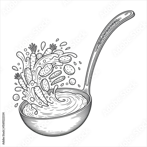 Hand drawn sketch of a ladle filled with splashing soup and vegetables like carrots and potatoes