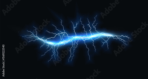 Electric Lightning Bolt Energy Discharge With Glowing Blue Sparks On Dark Background. High Voltage Thunder Shock Effect. Vector Illustration