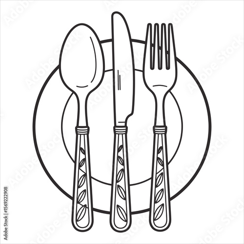 Simple black and white line art illustration of a place setting with a plate fork knife and spoon