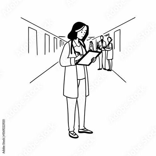 Female physician in hospital corridor writing prescription