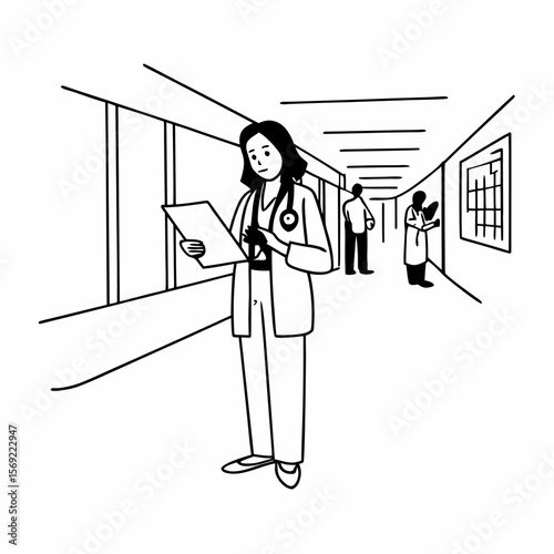 Female physician in hospital corridor writing prescription