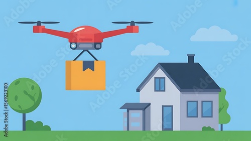 Drone Delivery Services in Suburban Neighborhood Sky with Package and Home for Future Tech Transportation