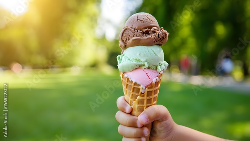 Childs hand holding a triple scoop ice cream cone outdoors on a sunny day