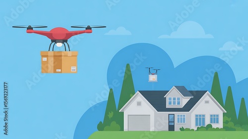 Drone delivery concept illustration with a modern house in the background showing the future of fast delivery services.