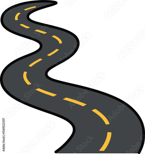 Curvy Asphalt Road with Yellow Lane Lines Clipart Isolated vector on White Background

