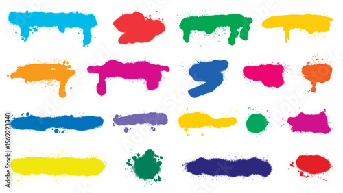 Bright paint stains spray set. Graffiti effect, spraying aerosol paint of different colors. Abstract shapes speckled blots. Vector element