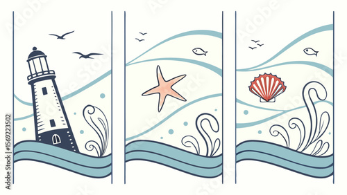 A serene triptych showcasing a lighthouse, a starfish, and a seashell, embodying coastal beauty and tranquility.