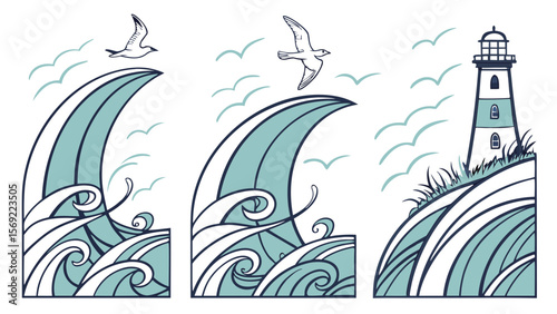 A serene coastal scene featuring dynamic waves, a soaring bird, and a classic lighthouse.