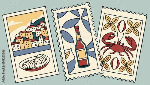 Three artistic stamps featuring a coastal village, a bottle of wine, and a crab, representing local cuisine and culture.