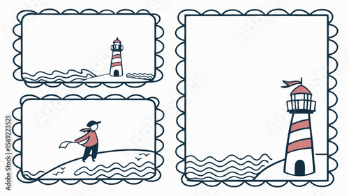 A whimsical illustration featuring a lighthouse and a figure holding a scarf against the sea breeze.