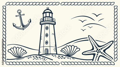 A classic nautical illustration featuring a lighthouse, anchor, starfish, and seashells against a serene coastal backdrop.