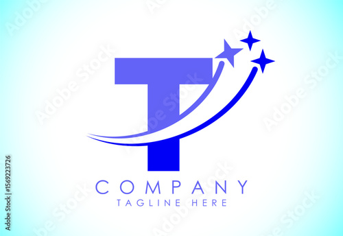 Initial alphabet T with swoosh and star sign. Shooting star logo design vector template for business and company identity