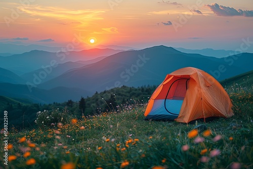 Sunset Camping Amidst Wildflowers and Mountains