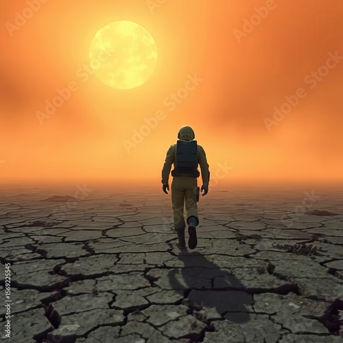 In a barren landscape, an astronaut walks towards a massive, glowing sun against a hazy orange sky. The cracked ground symbolizes desolation, enhancing the eerie atmosphere. 3D, 4K.