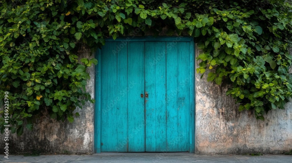 Weathered turquoise door with peeling paint nestled in a stone wall, framed by lush green vines and dense foliage beneath dappled sunlight, evoking rustic charm and natural tranquility Weathered turquoise door with peeling paint nestled in a stone wall, framed by lush green vines and dense foliage beneath dappled sunlight, evoking rustic charm and natural tranquility