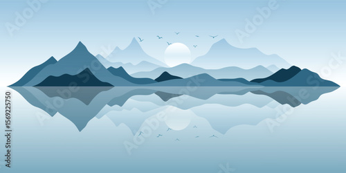 Minimalistic seascape, rocky island, picturesque reflection, vector illustration