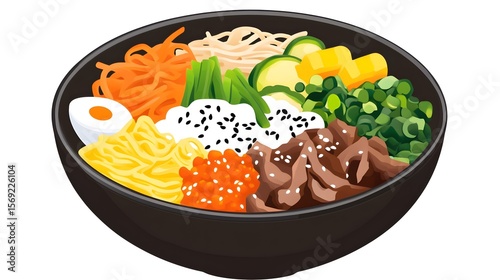 Digital illustration of a Korean bibimbap bowl with rice, vegetables, meat, egg yolk, and sesame seeds.