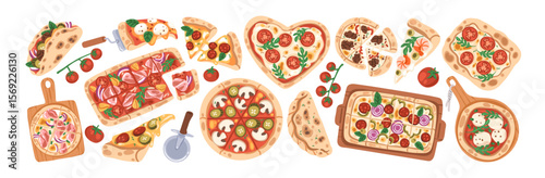 Pizza set. Italian food on wood boards, top view. Whole circles, chopped slices, fire-baked pieces with different ingredients, crust, shapes. Flat vector illustrations isolated on white background