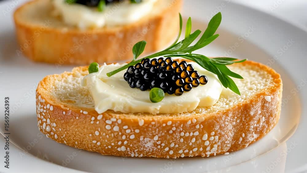 Gourmet bread slice with cream cheese, caviar, and fresh herbs on a white plate