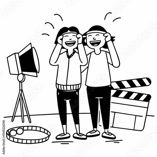 Funny best friends laughing cheerfully while standing together in a studio