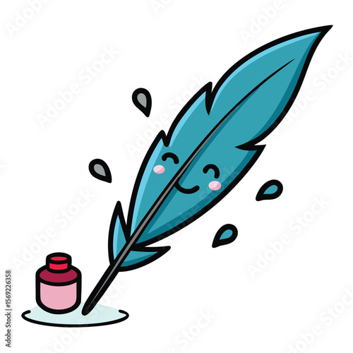 Feather pen writing poetry with smiley ink drops isolated on white