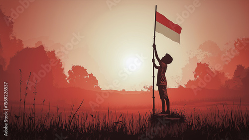 Children Looking Up at Waving Indonesian Flag Background