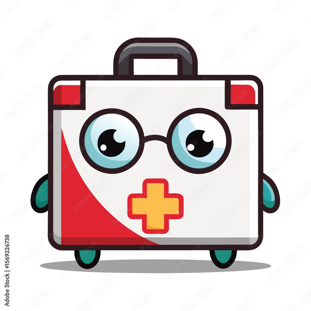 Obraz premium First aid box with cartoon eyes and heart sign isolated on white